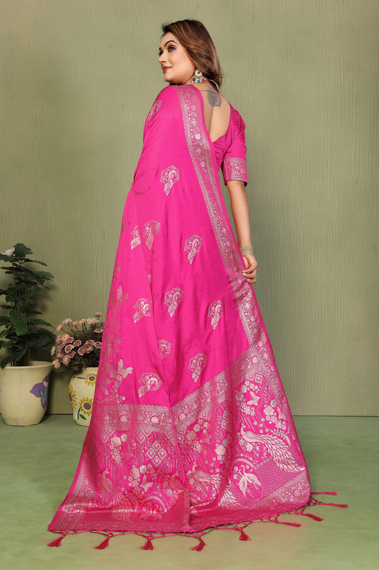 Rani Pink Banarasi Silk Saree with Rich Zari Weaving Blouse Piece