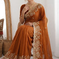 Rust Orange Satin Silk Saree Heavy Floral Embroidery Designer Blouse