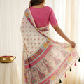 Off White Printed Linen Cotton Saree with Multicolor Border
