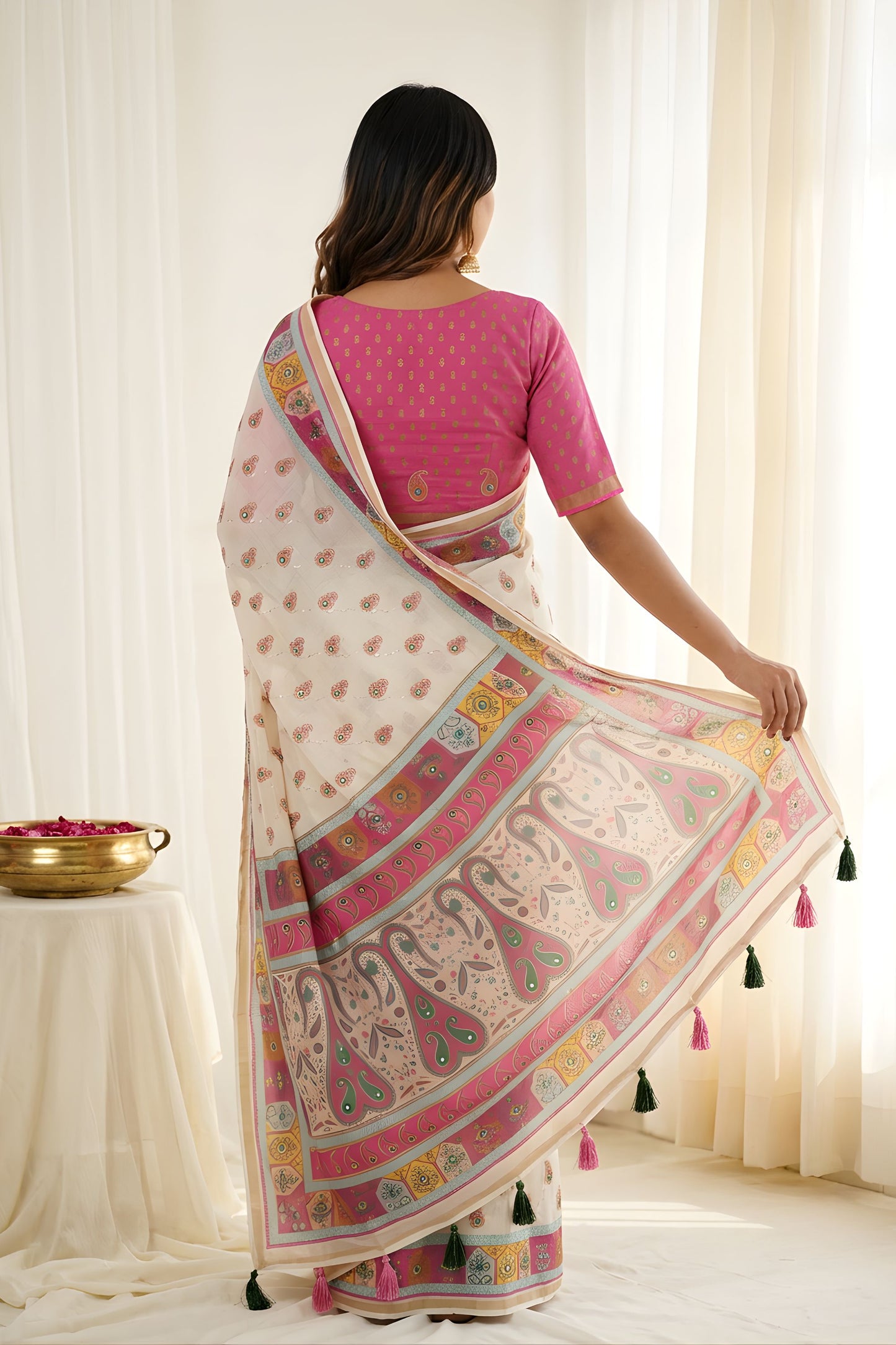 Off White Printed Linen Cotton Saree with Multicolor Border