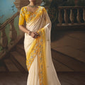White Yellow Embroidered Saree with Zari Border Designer Saree