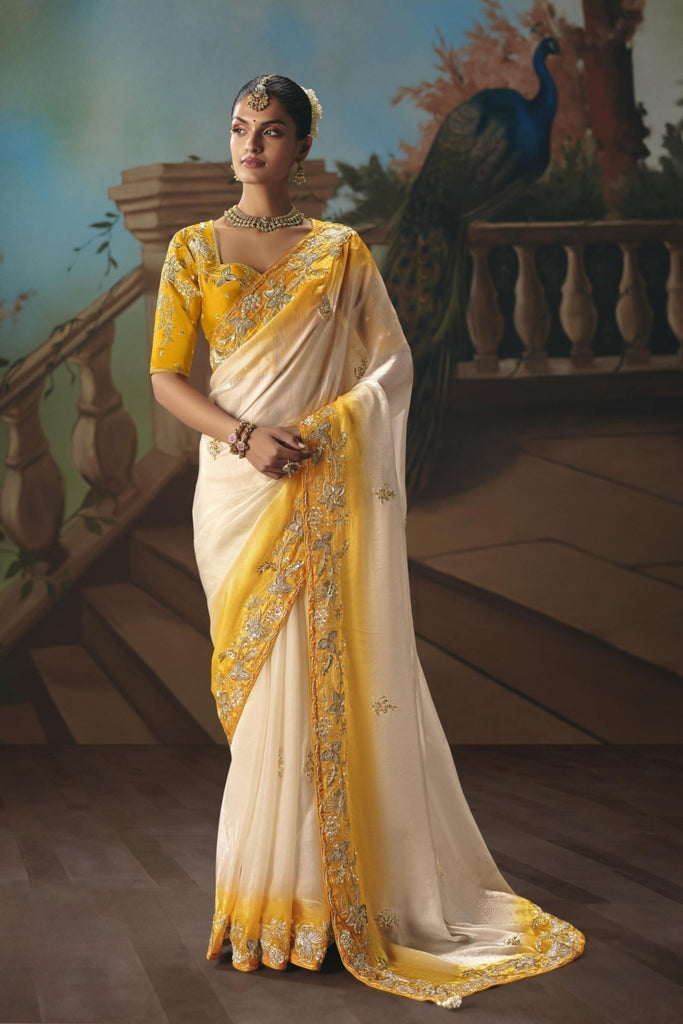 White Yellow Embroidered Saree with Zari Border Designer Saree
