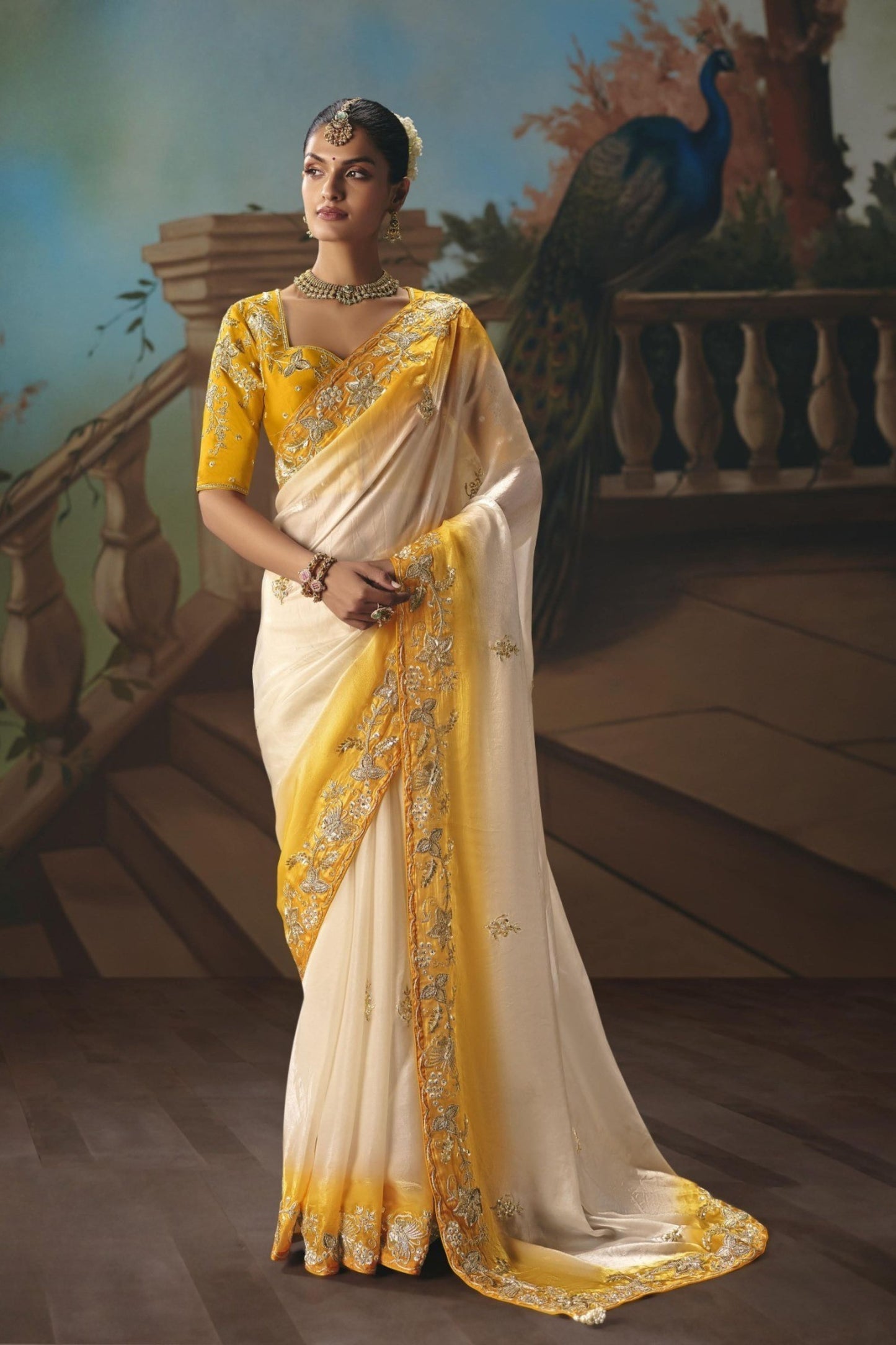 White Yellow Embroidered Saree with Zari Border Designer Saree