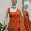 Rust Orange Swarovski Work Organza Designer Saree