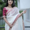 White Organza Saree Maroon Embroidered Border Designer Blouse