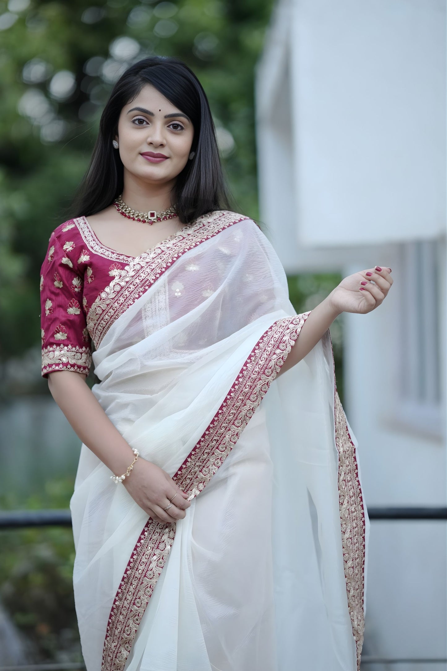 White Organza Saree Maroon Embroidered Border Designer Blouse