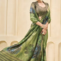 Elegant Olive Green Floral Printed Linen Cotton Saree