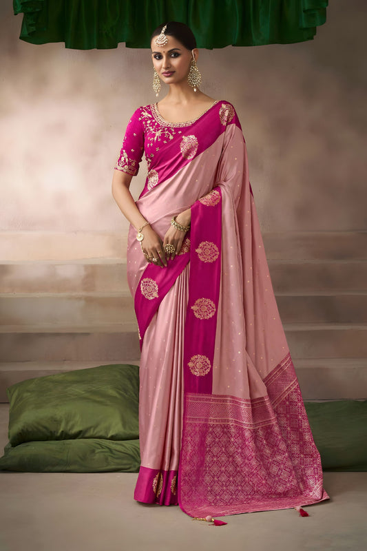 Pink Silk Saree with Contrast Rani Pink Zari Border