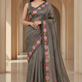 Grey Silk Saree Floral Embroidered Border Designer Party Wear