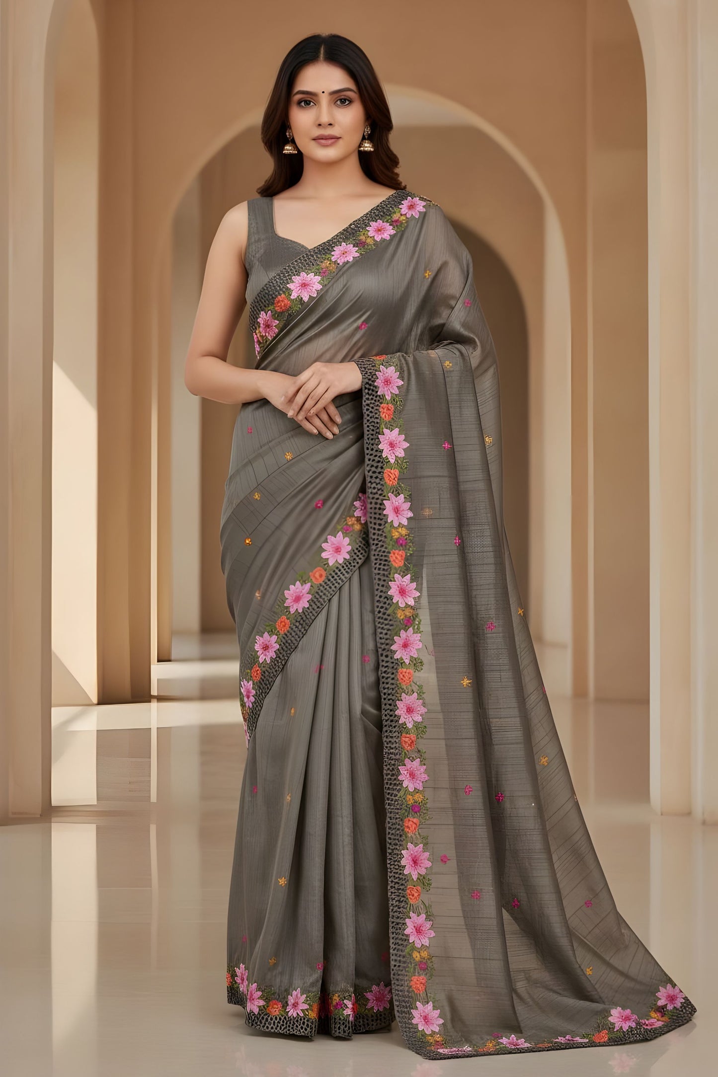 Grey Silk Saree Floral Embroidered Border Designer Party Wear