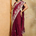 Wine Maroon Embroidered Georgette Saree Heavy Floral Border Designer Blouse