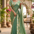 Sea Green Organza Silk Saree Floral Embroidered Border Designer Blouse
