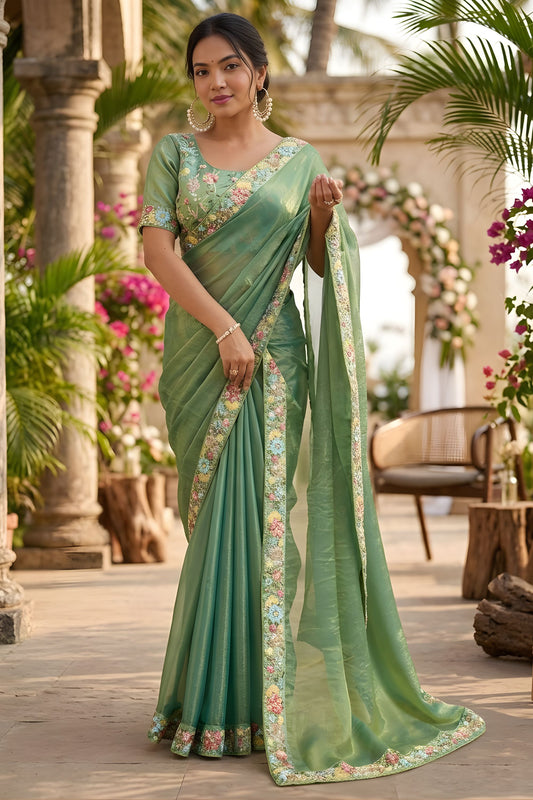 Sea Green Organza Silk Saree Floral Embroidered Border Designer Blouse
