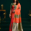  Coral Orange Soft Silk Saree with Green Contrast Border 