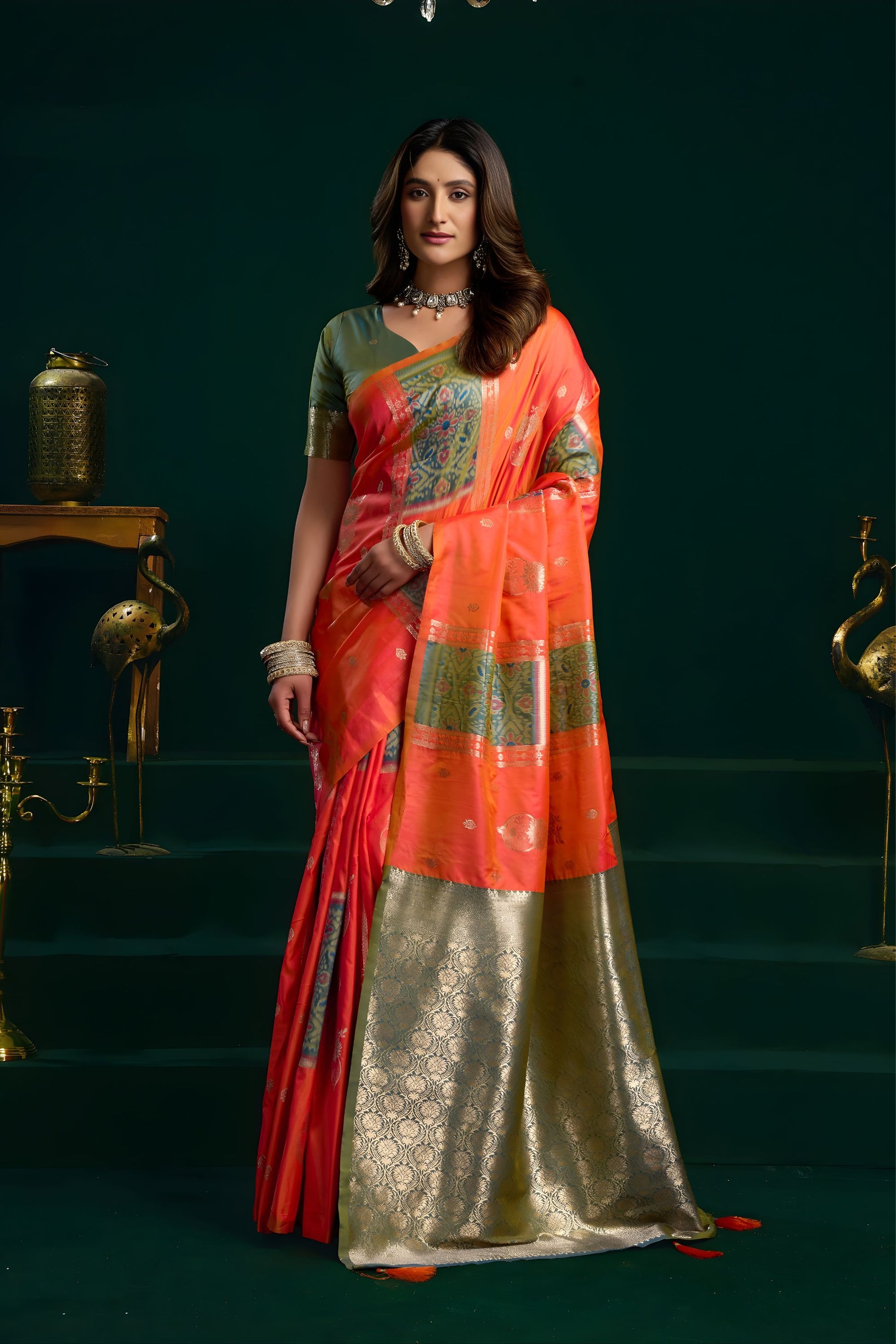  Coral Orange Soft Silk Saree with Green Contrast Border 