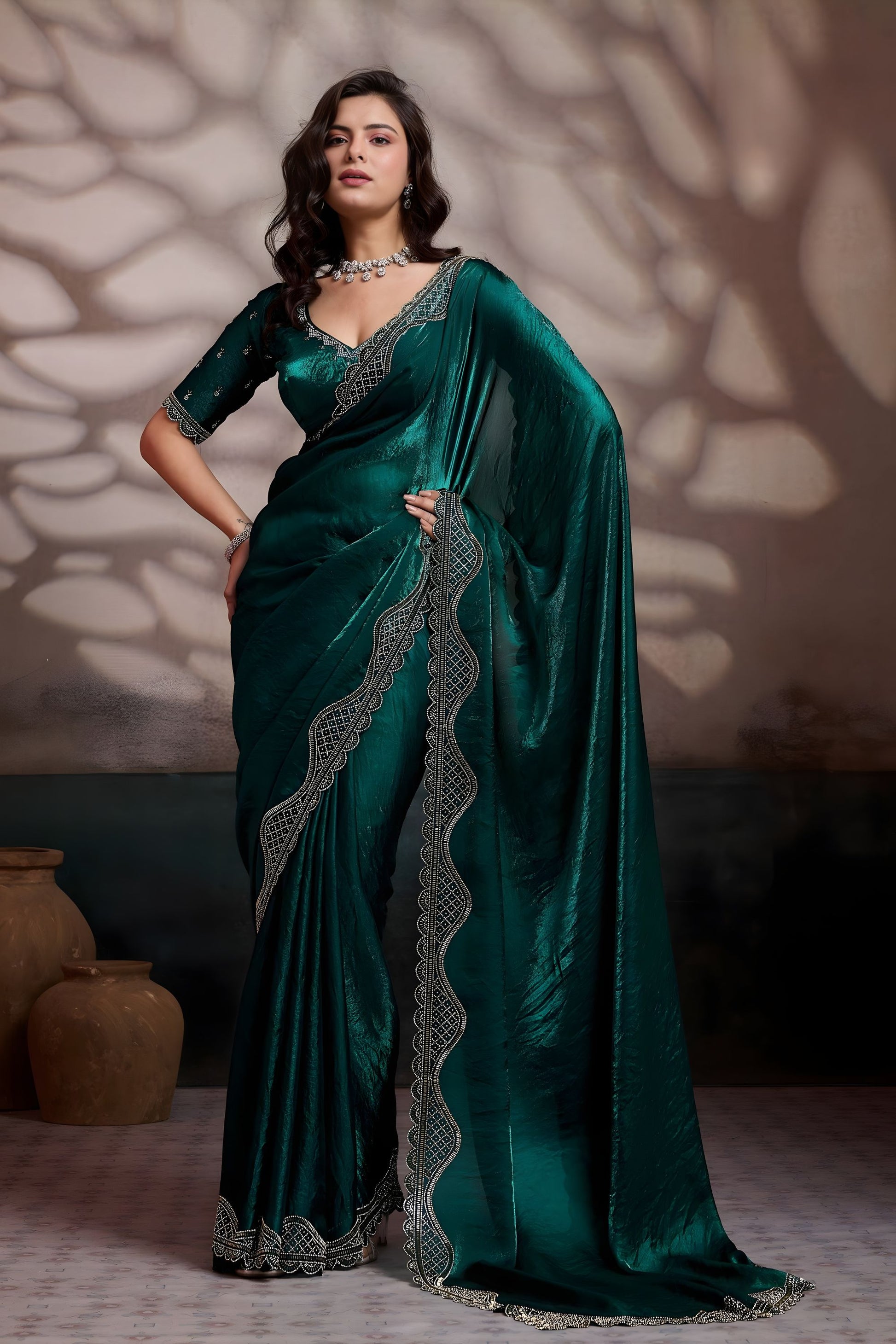 Dark Green Satin Silk Designer Saree with Embroidered Border Blouse