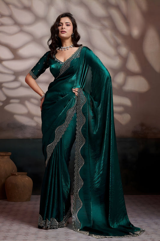 Dark Green Satin Silk Designer Saree with Embroidered Border Blouse