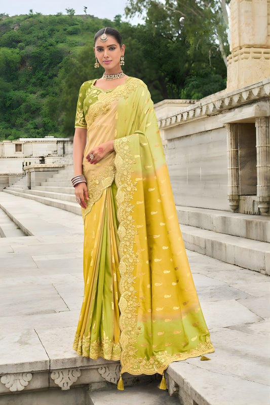 Lime Yellow Embroidered Organza Silk Saree Designer Lace Border