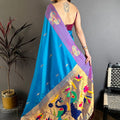 Peacock Blue Soft Silk Saree with Purple Border and Designer Pallu