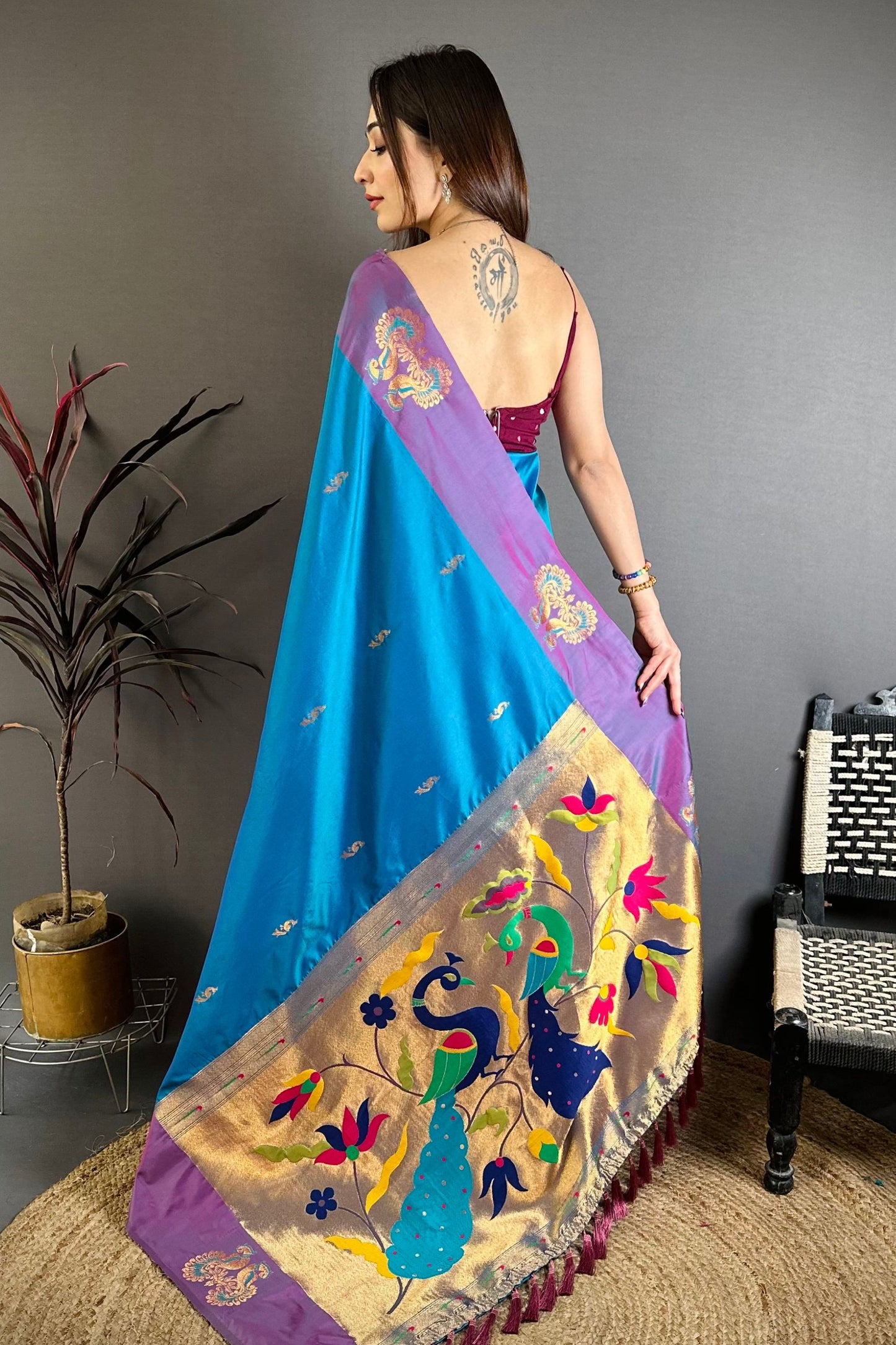 Peacock Blue Soft Silk Saree with Purple Border and Designer Pallu