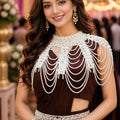 Chocolate Brown Designer Ready to Wear Saree Pearl Embellished Cape Blouse