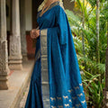 Teal Blue Traditional Silk Saree with Gold Zari Border Horse Motif Pallu