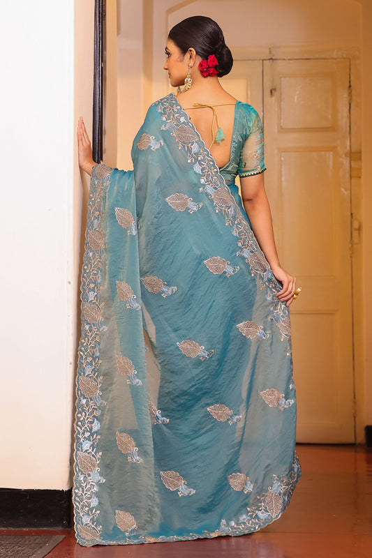 Designer Teal Blue Embroidered Silk Saree Matching Blouse