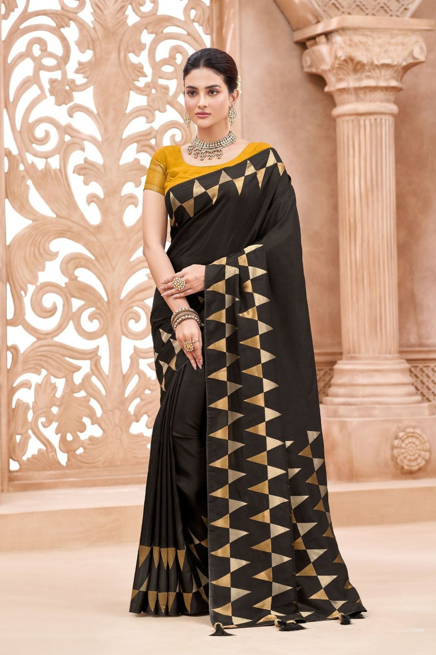 Black Banarasi Silk Saree with Gold Geometric Zari Border Rich Pallu 