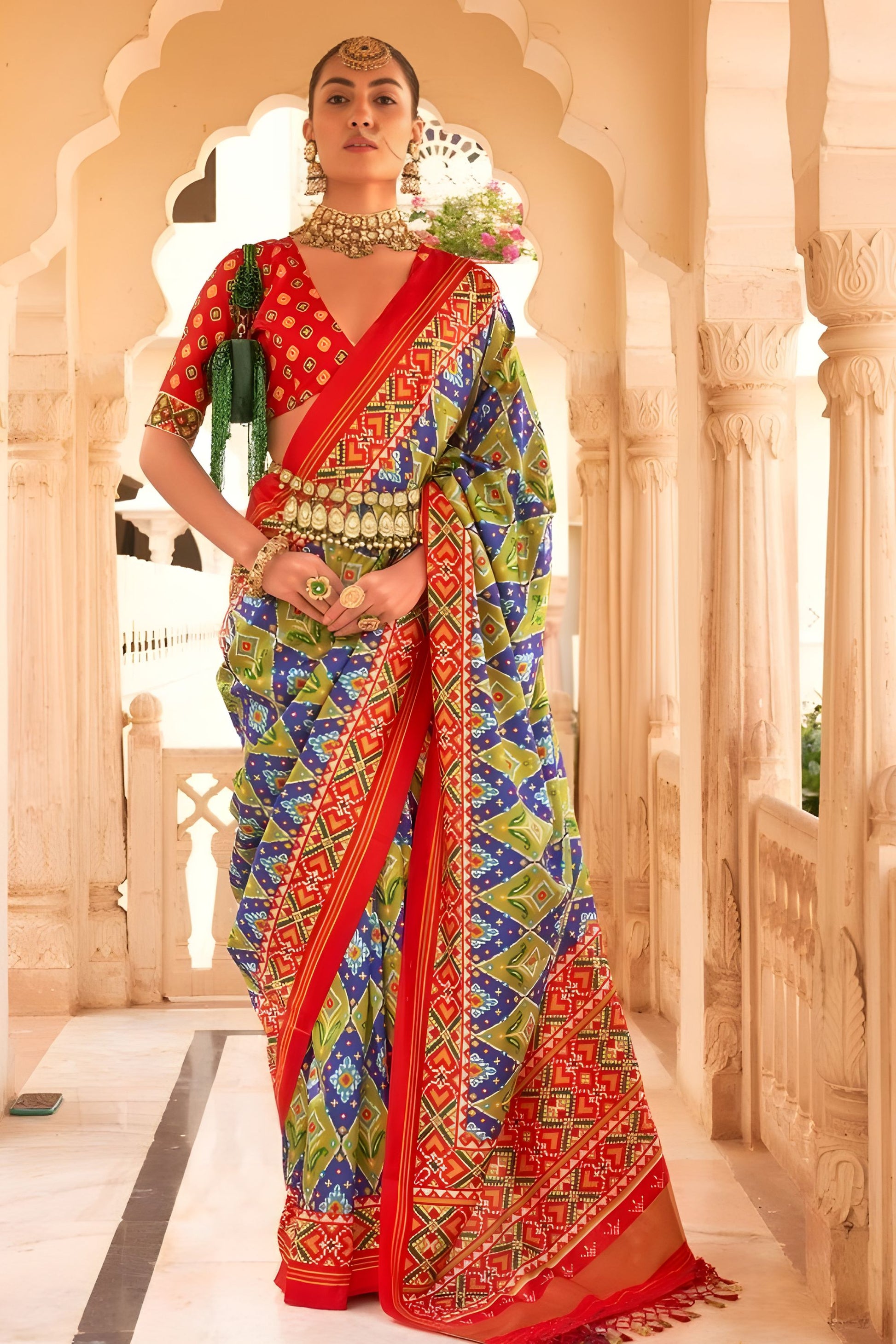 Multicolor Patola Print Silk Saree Traditional Gujarati Designer Border