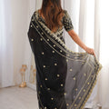 Luxury Black Organza Silk Saree Golden Thread Embroidery Designer Blouse