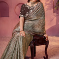 Designer Grey Silk Bandhani Printed Saree Embroidered Stone Work Border