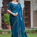 Teal Blue Silk Saree Embroidered Floral Border Designer Blouse