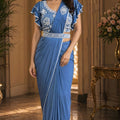 Steel Blue Designer Ready to Wear Saree Embroidered Ruffle Blouse