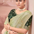 Pastel Green Silk Saree Subtle Gold Work Dark Green Designer Blouse