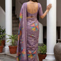 Lavender Printed Linen Silk Saree with Multicolor Leaf Design