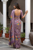 Lavender Printed Linen Silk Saree with Multicolor Leaf Design