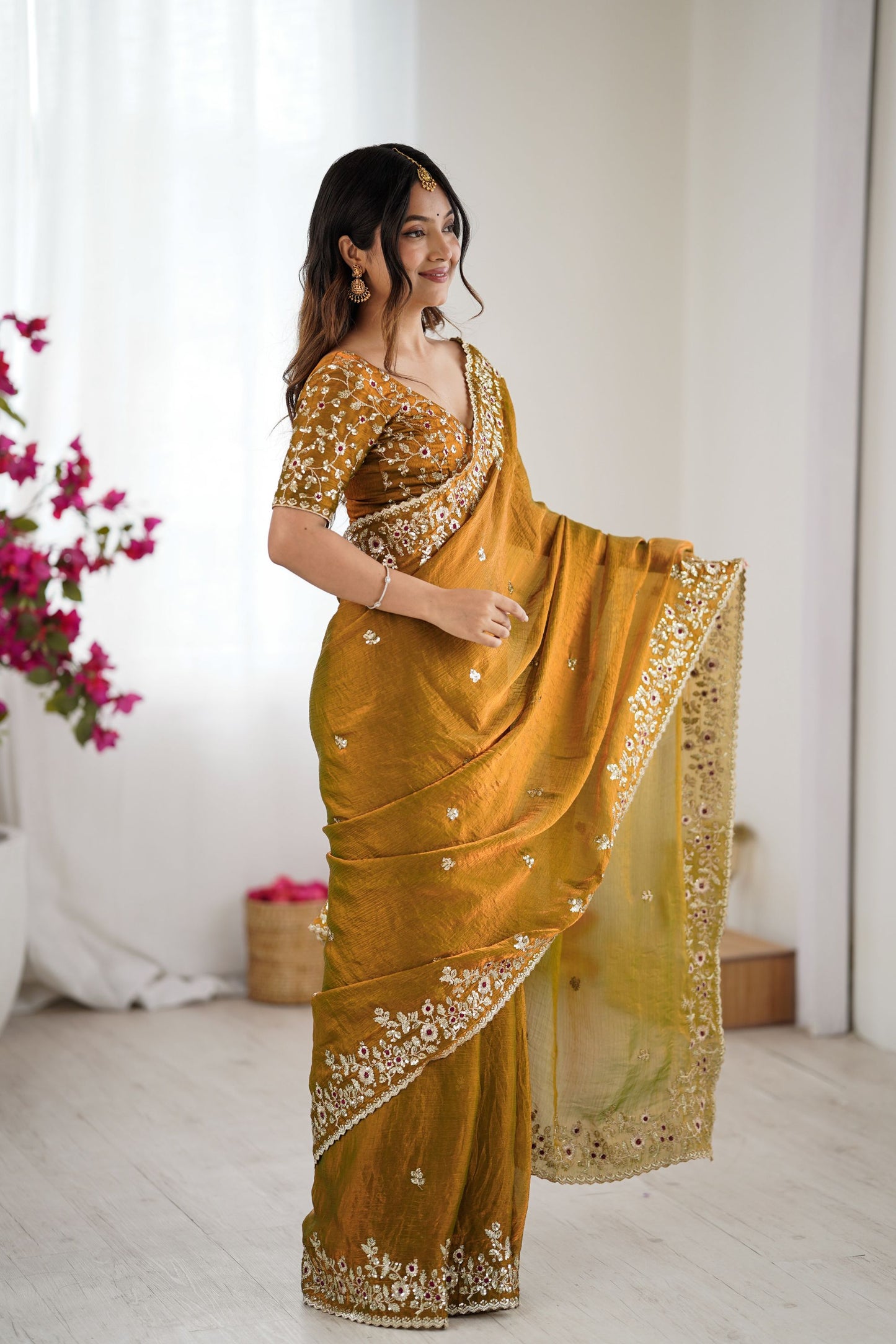 Mustard Yellow Handwoven Organza Silk Saree Designer Blouse