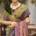 Olive Green Silk Saree with Contrast Zari Border Designer Pallu