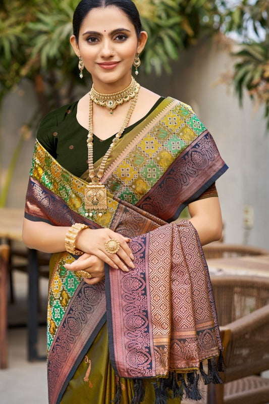 Olive Green Silk Saree with Contrast Zari Border Designer Pallu