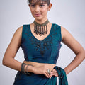 Teal Blue Organza Saree with Black Floral Embroidery Designer Party Wear Saree
