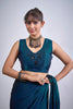 Teal Blue Organza Saree with Black Floral Embroidery Designer Party Wear Saree