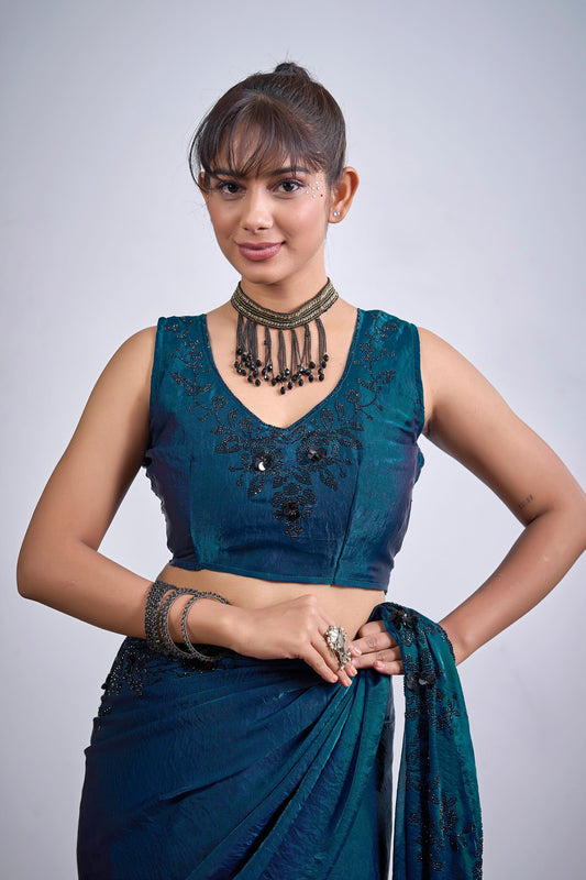 Teal Blue Organza Saree with Black Floral Embroidery Designer Party Wear Saree