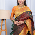 Brown Kanjivaram Silk Saree Gold Zari Border Contrast Green Pallu