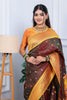 Brown Kanjivaram Silk Saree Gold Zari Border Contrast Green Pallu