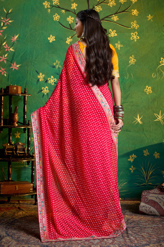 Pink Bandhej Georgette Saree and Yellow Designer Blouse