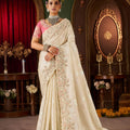  Ivory Embroidered Silk Saree with Pastel Floral Pink Designer Blouse
