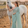  Sea Green Saree with Designer Border Contrast Embroidered Blouse 