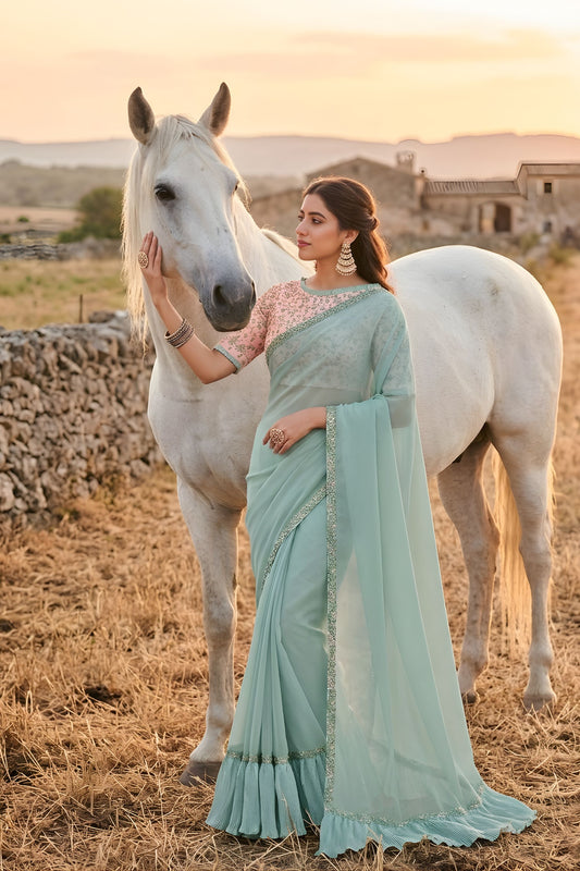  Sea Green Saree with Designer Border Contrast Embroidered Blouse 