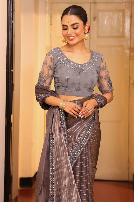 Charcoal Grey Designer Satin Saree with Embroidered Border Net Blouse