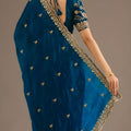 Teal Blue Silk Saree with Heavy Embroidered Border Designer Blouse